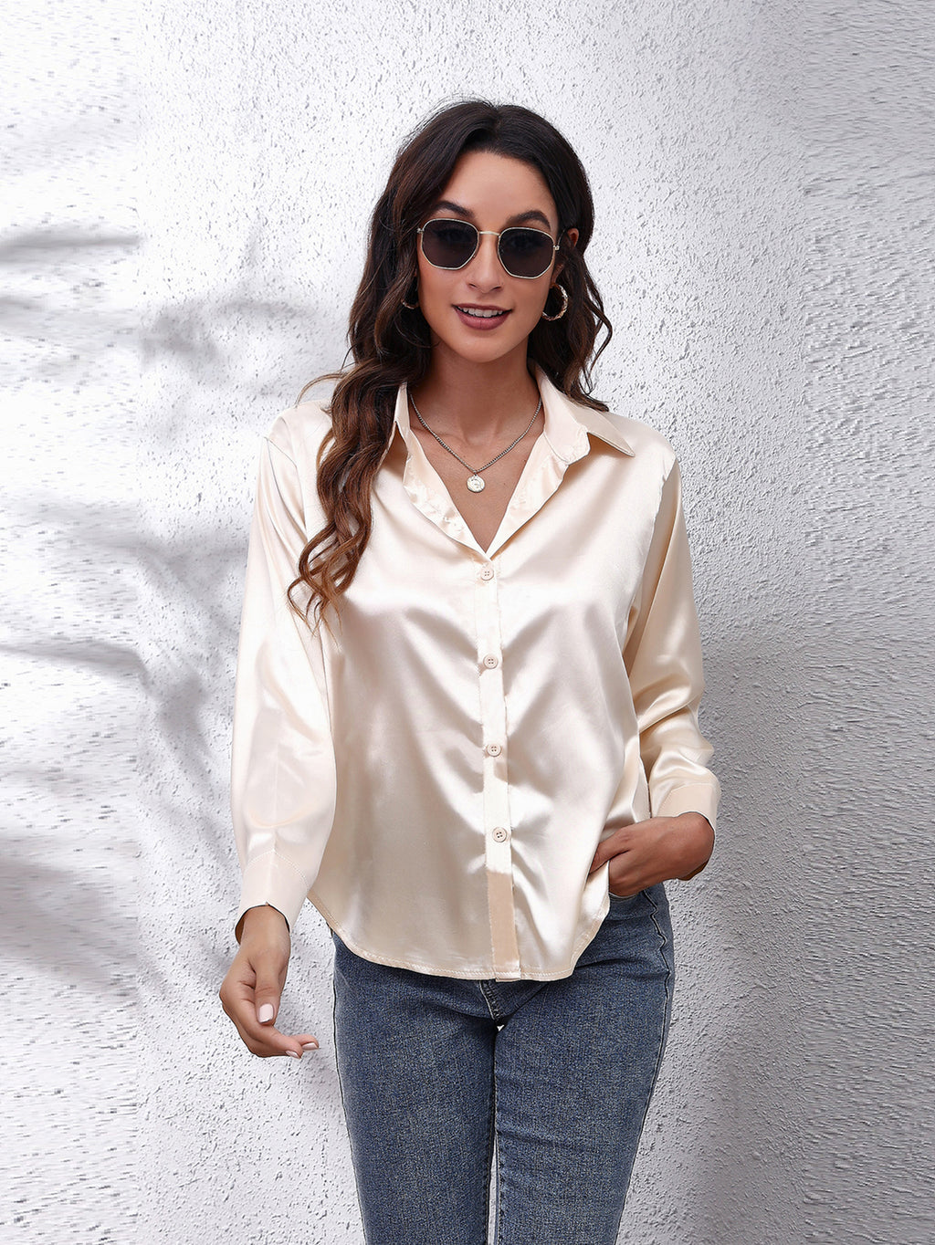 Hot Style In-Kind Shooting Satin Shirt Women'S Satin Imitation Long-Sleeved Shirt New European And American Cross-Border Women'S Clothing