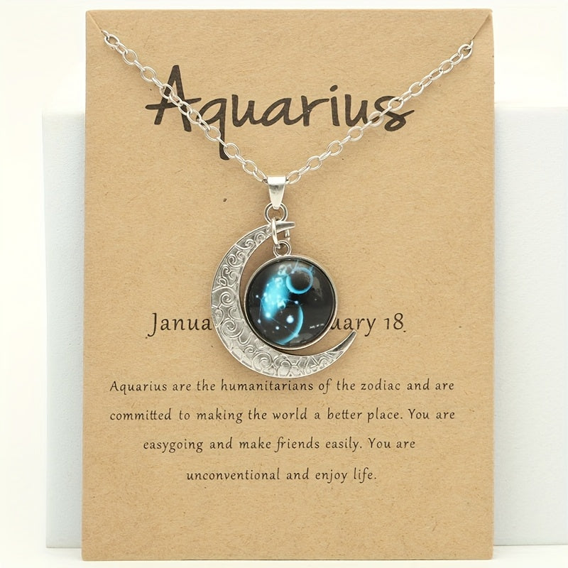 Glow-in-the-Dark Zodiac Necklace with Vintage Moon Pendant - Stylish Aquarius/Sagittarius/Leo/Leprechaun/Night & Sun Signs, Colorful Glass Charms, Zinc Alloy, Perfect Gift for Men