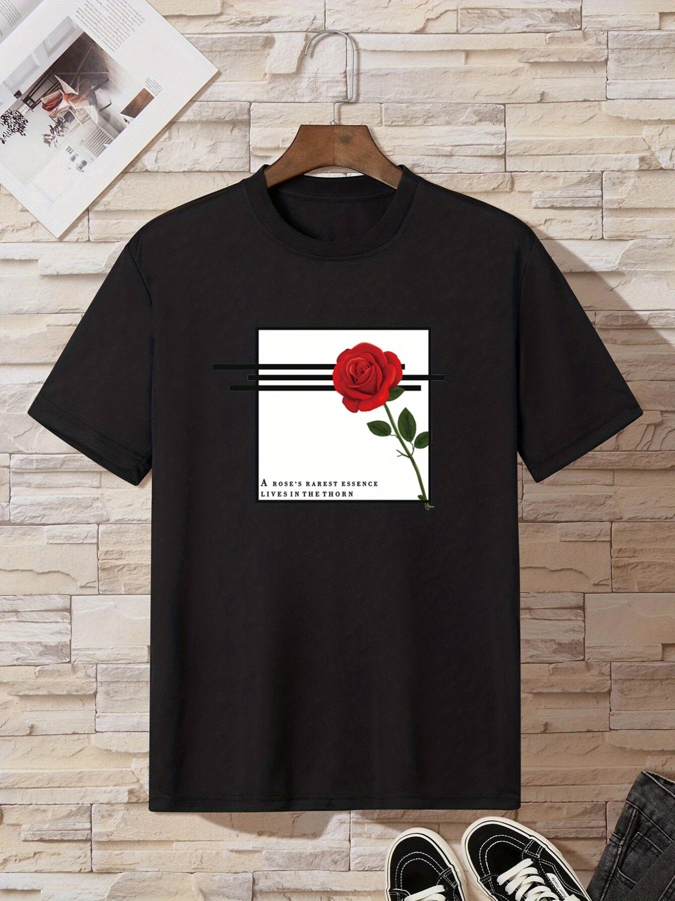 Men's Letter And Rose Graphic Crew Neck T-Shirts, Casual Sport Tees For Spring Summer