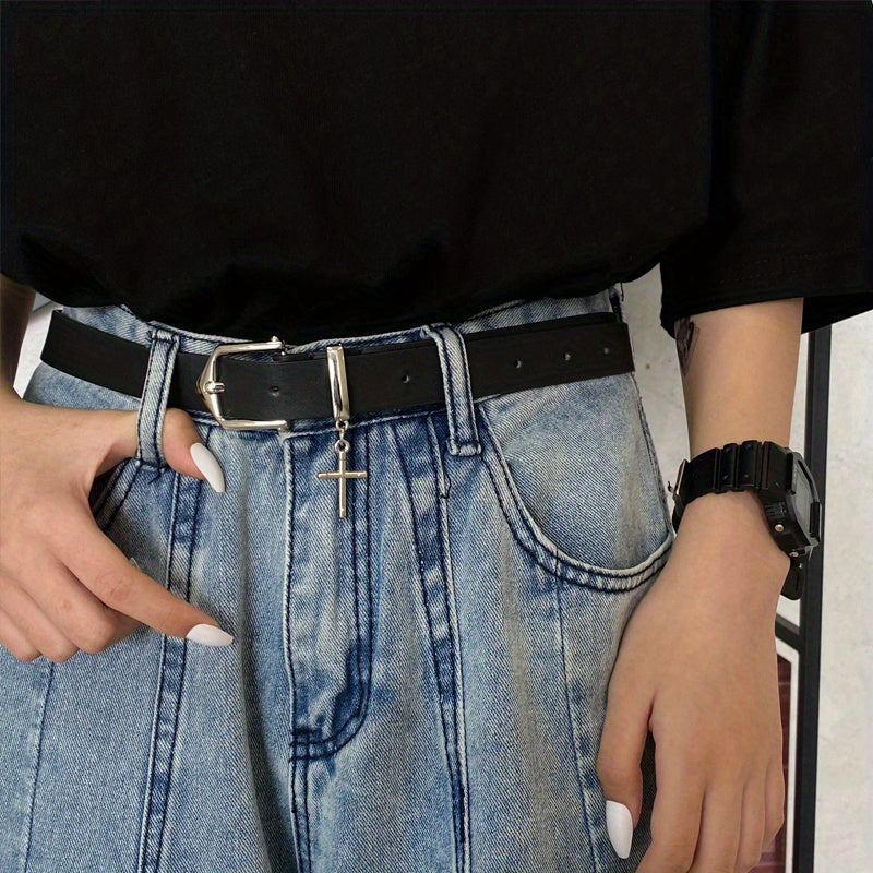 Unisex PU Leather Belt Gothic Metal Cross Pendant Pin Buckle Jeans Belts Casual Black Pants Waistband For Men Women