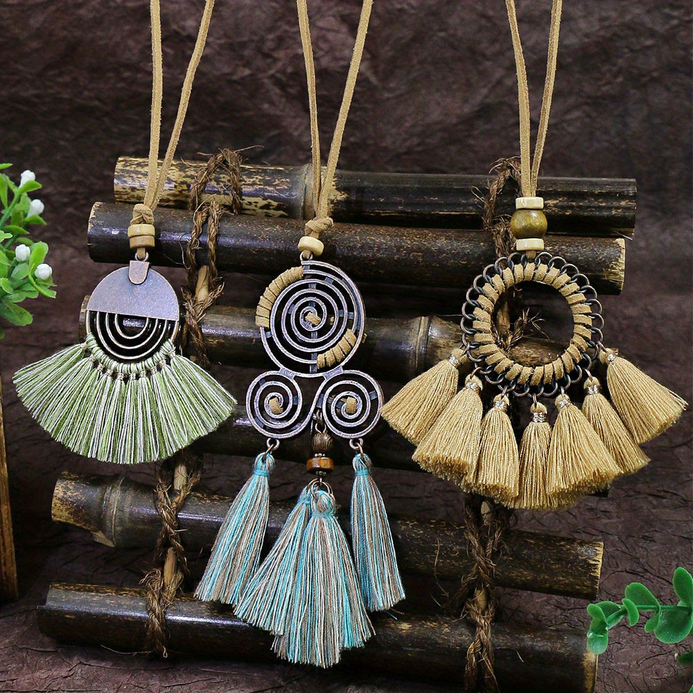 3pcs Ethnic Style Women's Fashion Pendant Necklace Set with Floral Tassel Pendant, Bronze Enamel Drip Zinc Alloy with Glass Rhinestone Inlay, Vintage Necklace