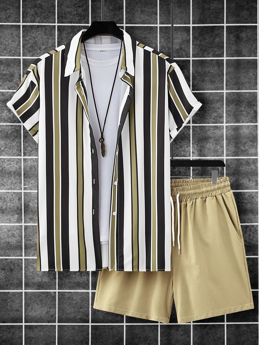 Vertical Striped Pattern Print, Men's 2Pcs Outfits, Casual Lapel Button Up Short Sleeve Shirts Shirt And Drawstring Shorts Set For Summer, Men's Clothing