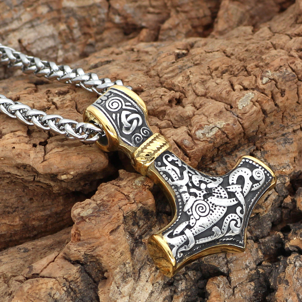 Viking Double Color Hammer Pendant Necklace, Stainless Steel Men's Necklace Viking Jewelry