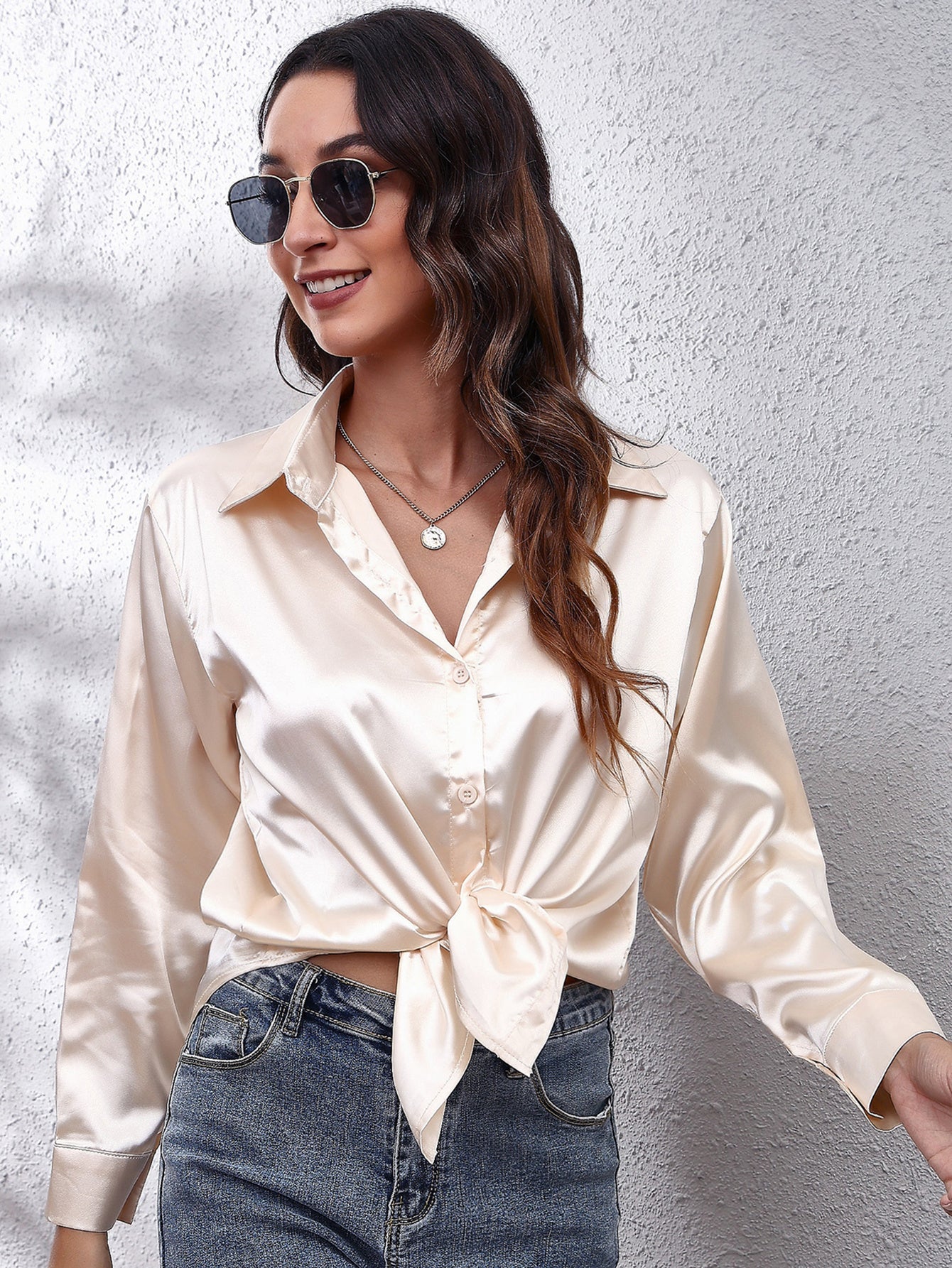 Hot Style In-Kind Shooting Satin Shirt Women'S Satin Imitation Long-Sleeved Shirt New European And American Cross-Border Women'S Clothing