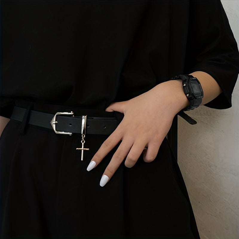 Unisex PU Leather Belt Gothic Metal Cross Pendant Pin Buckle Jeans Belts Casual Black Pants Waistband For Men Women