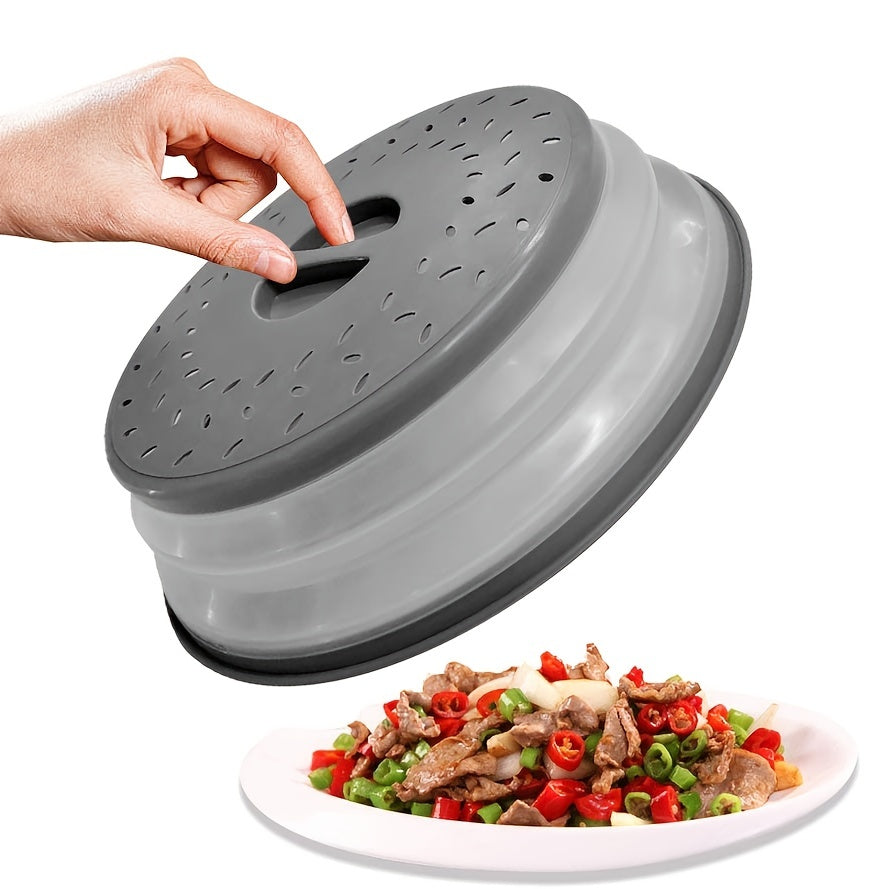 1pc Collapsible Microwave Food Cover, BPA Free TPR, 10.5 Inch, Round With Handle, Microwave Plate Protector Cover With Steam Vent And Strainer, For Fruit (Grey)