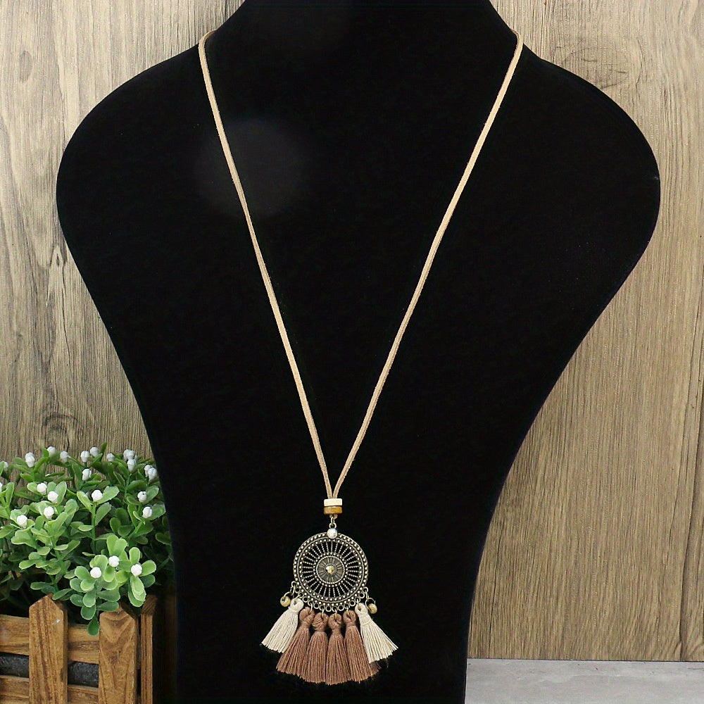 3pcs Ethnic Style Women's Fashion Pendant Necklace Set with Floral Tassel Pendant, Bronze Enamel Drip Zinc Alloy with Glass Rhinestone Inlay, Vintage Necklace
