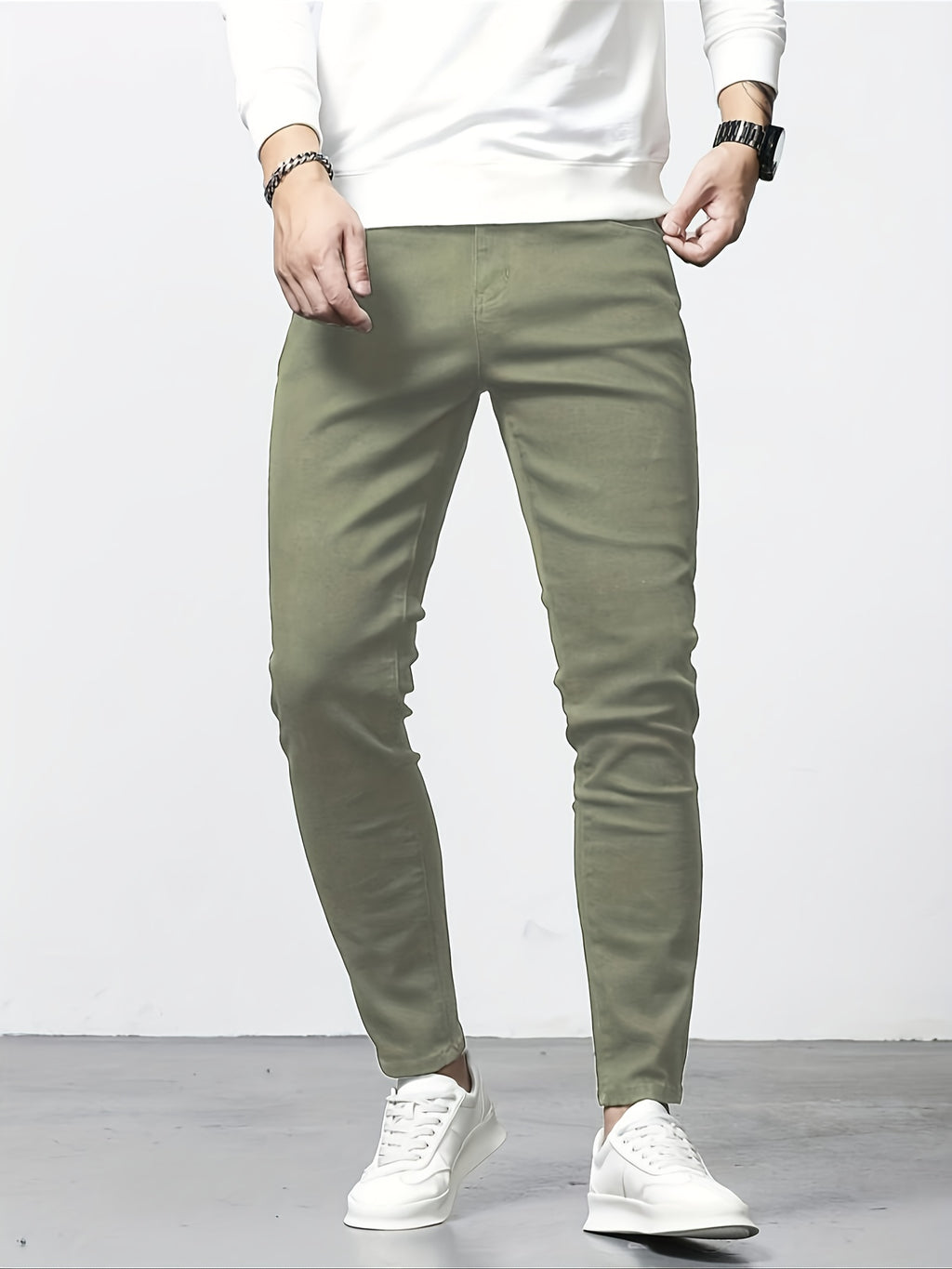 Mid Stretch Slim Fit Jeans, Men's Casual Street Style Contrast Stitching Denim Pants For Spring Summer