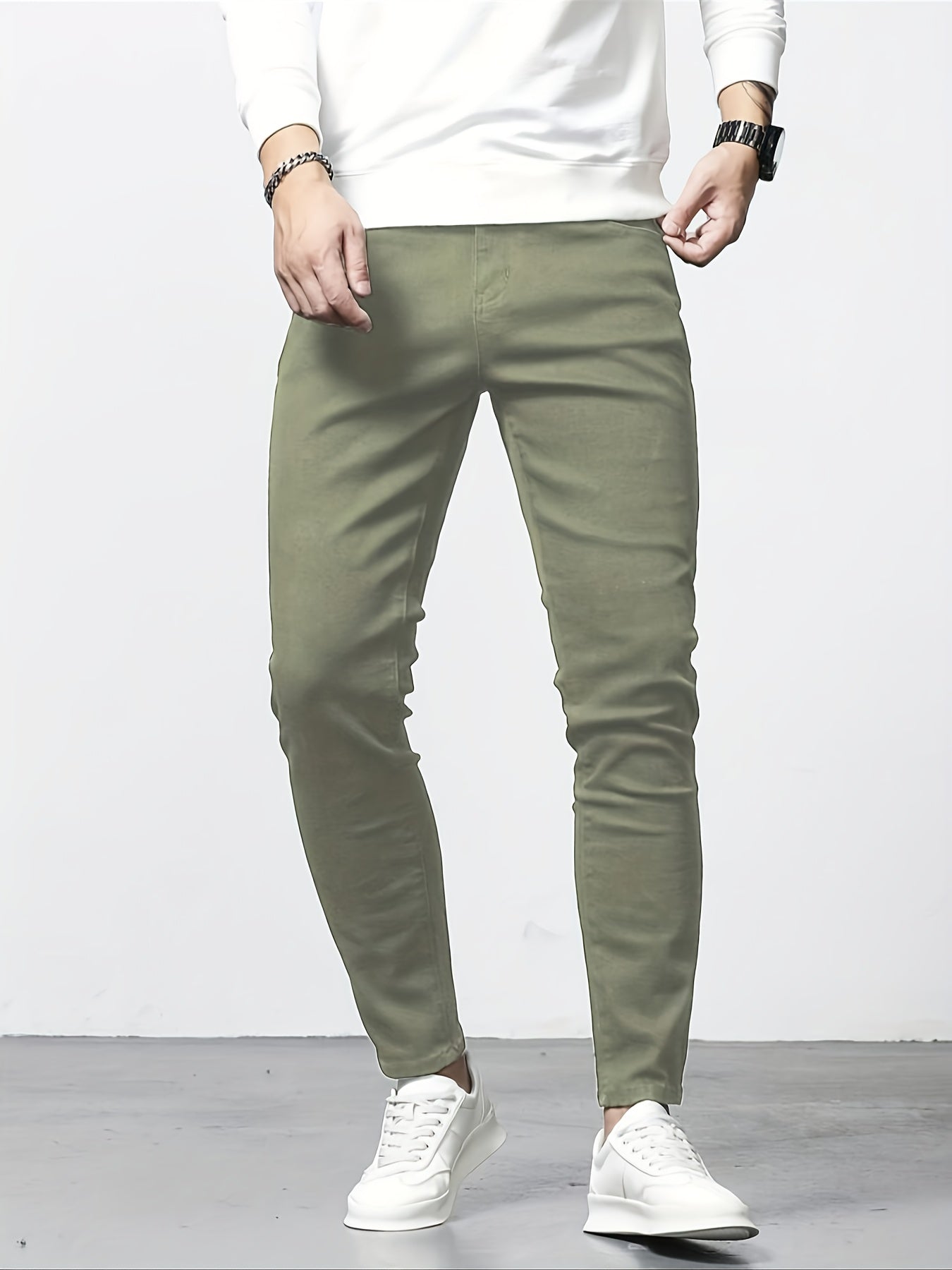 Mid Stretch Slim Fit Jeans, Men's Casual Street Style Contrast Stitching Denim Pants For Spring Summer