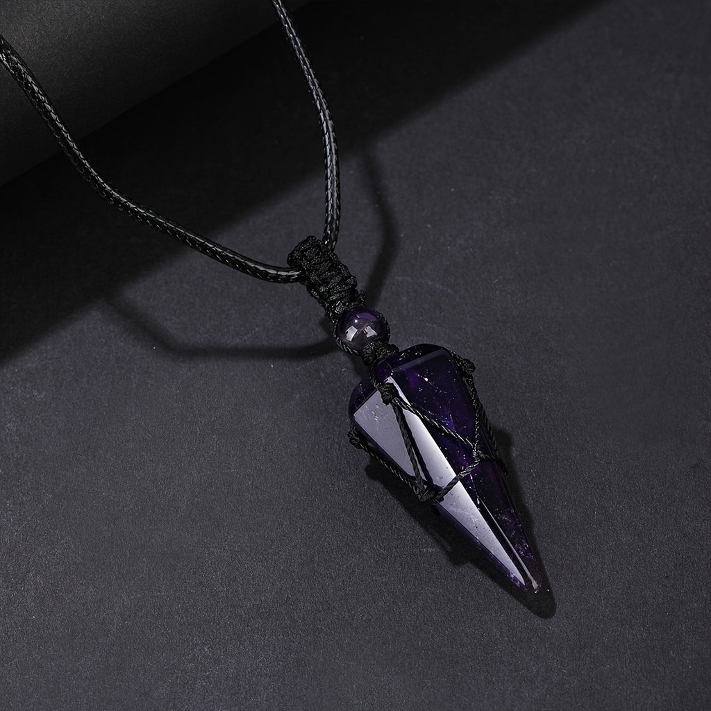 Natural Amethyst Crystal Hexagonal Cone Pendant - Stylish Men's Necklace with Braided Rope - Fashion Accessory