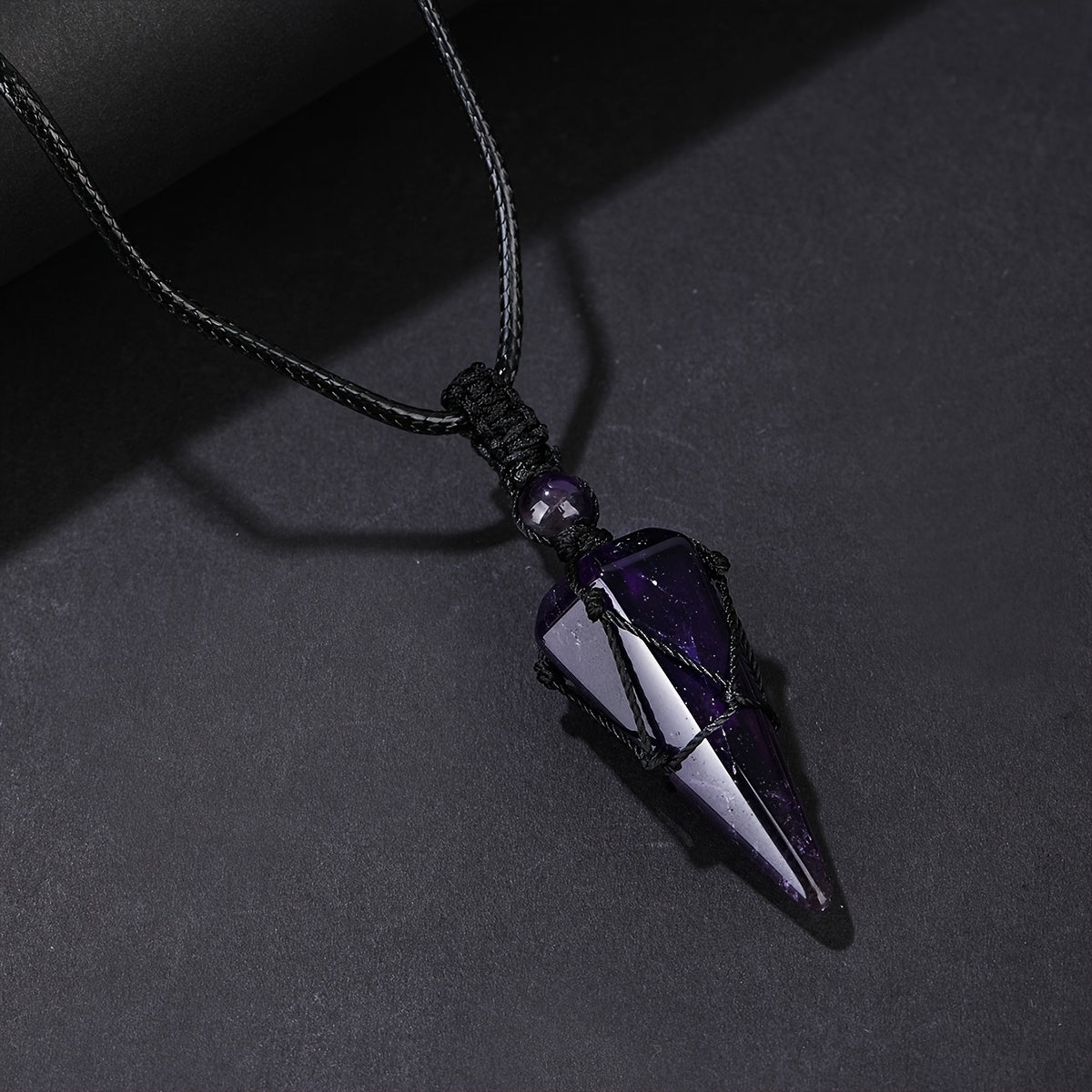 Natural Amethyst Crystal Hexagonal Cone Pendant - Stylish Men's Necklace with Braided Rope - Fashion Accessory