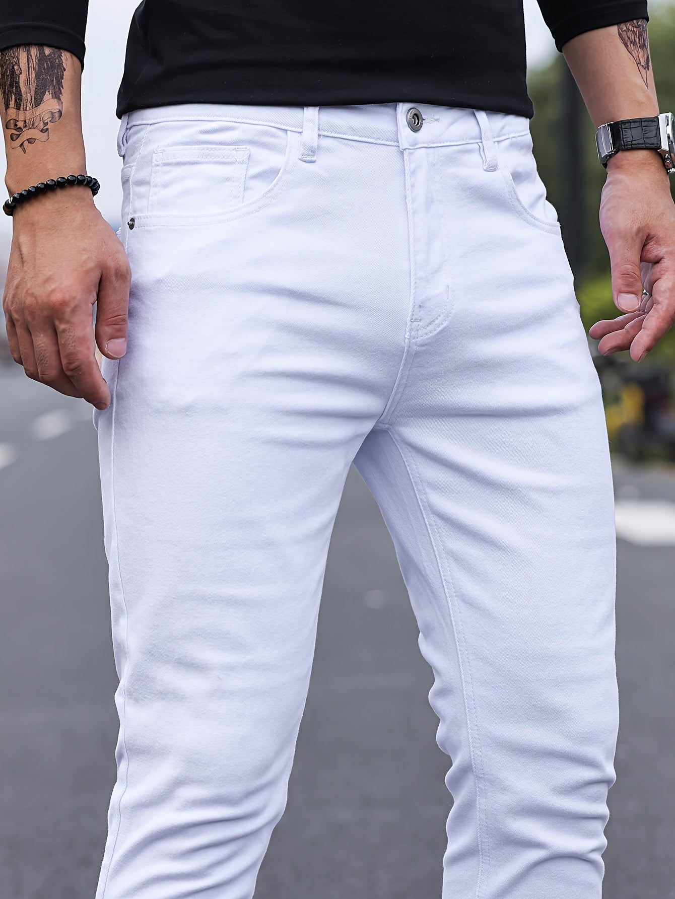 Mid Stretch Slim Fit Jeans, Men's Casual Street Style Contrast Stitching Denim Pants For Spring Summer