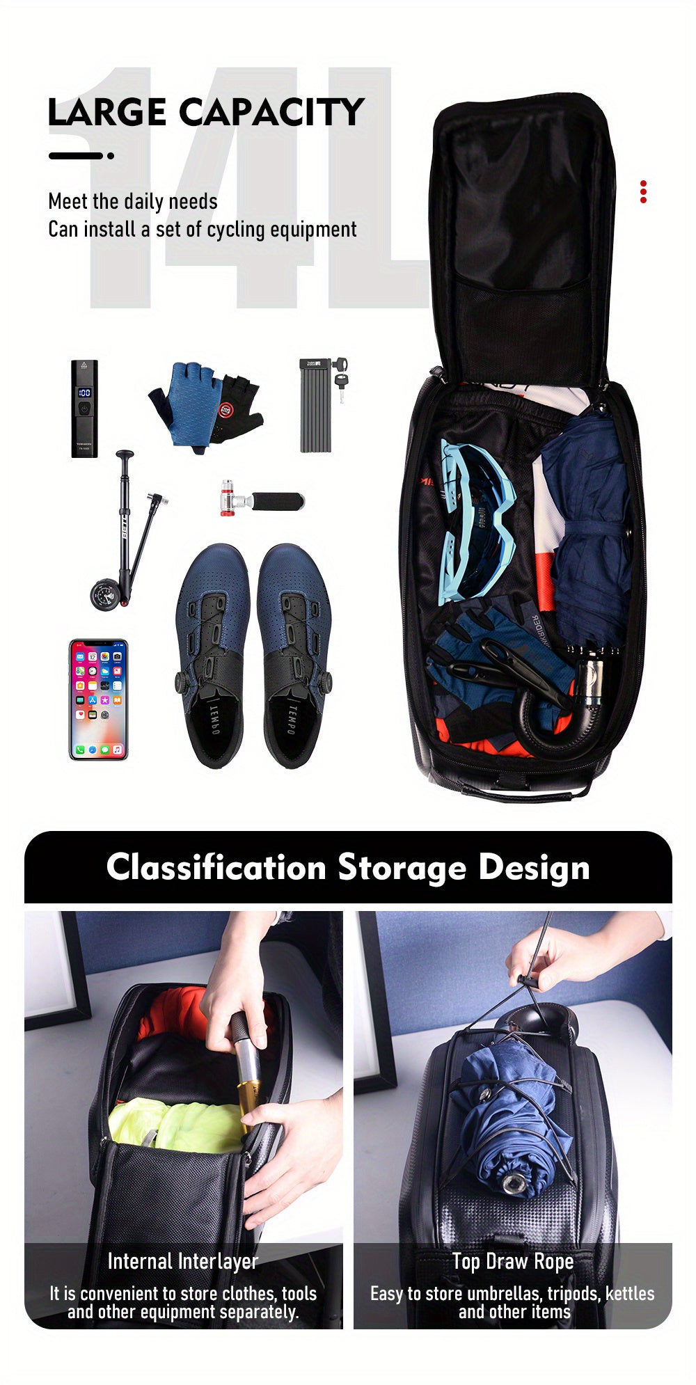 14L Hard Shell ThinkRider Bicycle Rear Hunch Bag - Anti-Splash Material, Rain Cover Included