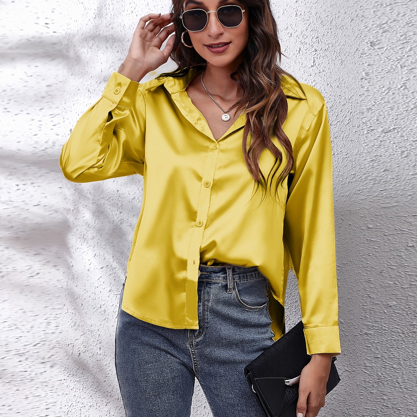 Hot Style In-Kind Shooting Satin Shirt Women'S Satin Imitation Long-Sleeved Shirt New European And American Cross-Border Women'S Clothing