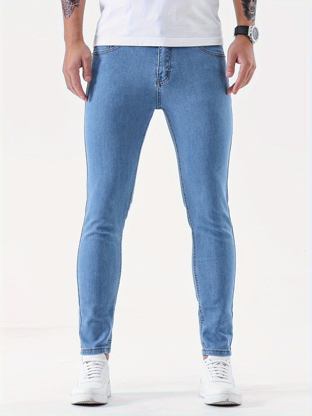 Mid Stretch Slim Fit Jeans, Men's Casual Street Style Contrast Stitching Denim Pants For Spring Summer