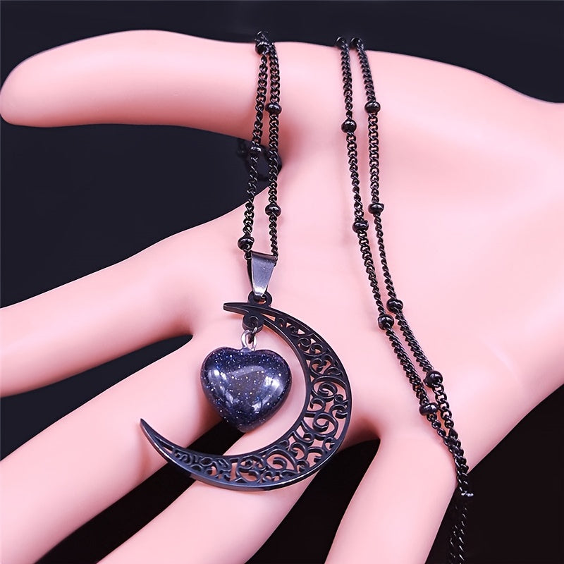 [Vintage Heart Necklace] 18K Golden Plated Blue Sand Heart Pendant Necklace for Women | Moon Design, Black Stainless Steel, Vintage Style, Daily Wear, Mardi Gras Day, All Seasons