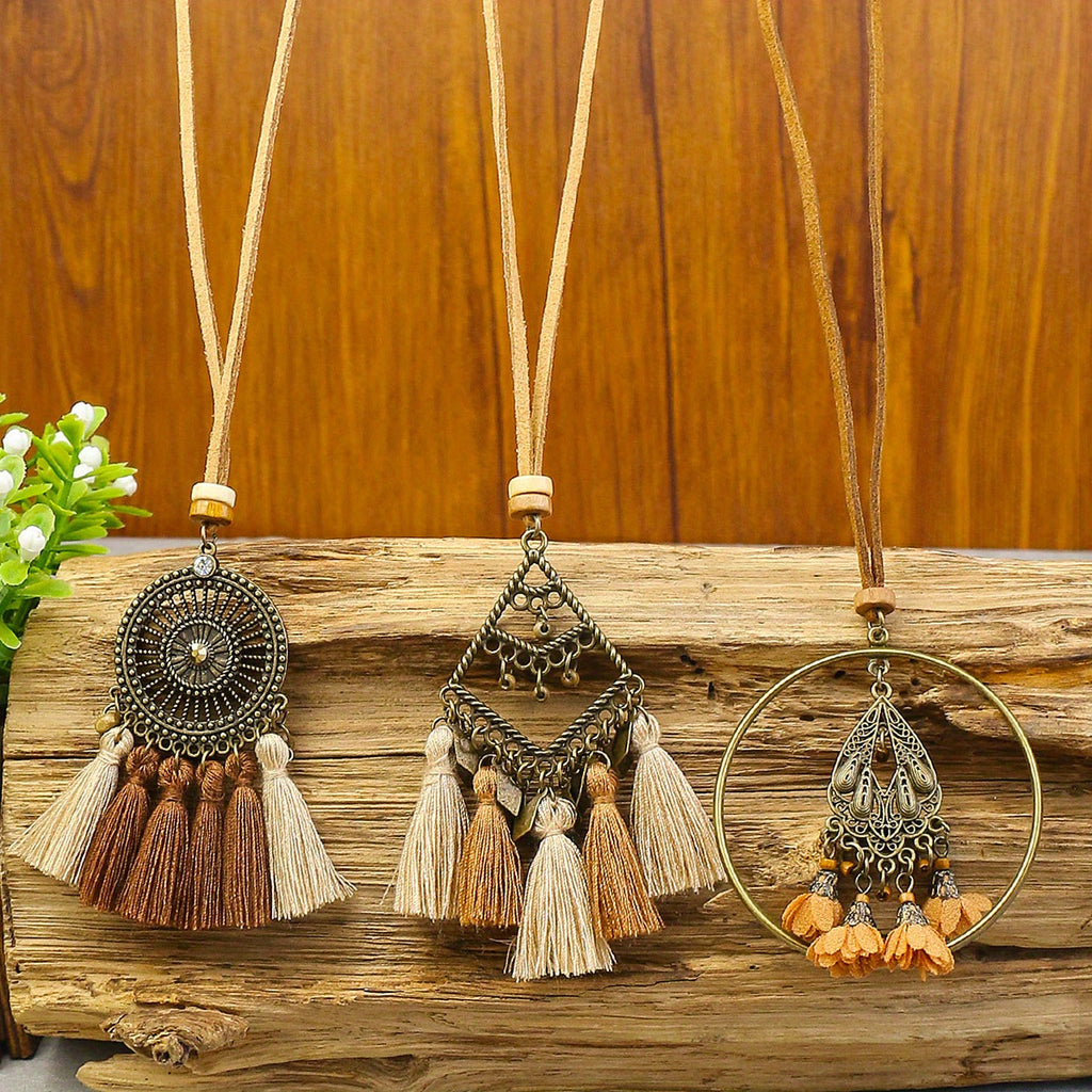 3pcs Ethnic Style Women's Fashion Pendant Necklace Set with Floral Tassel Pendant, Bronze Enamel Drip Zinc Alloy with Glass Rhinestone Inlay, Vintage Necklace