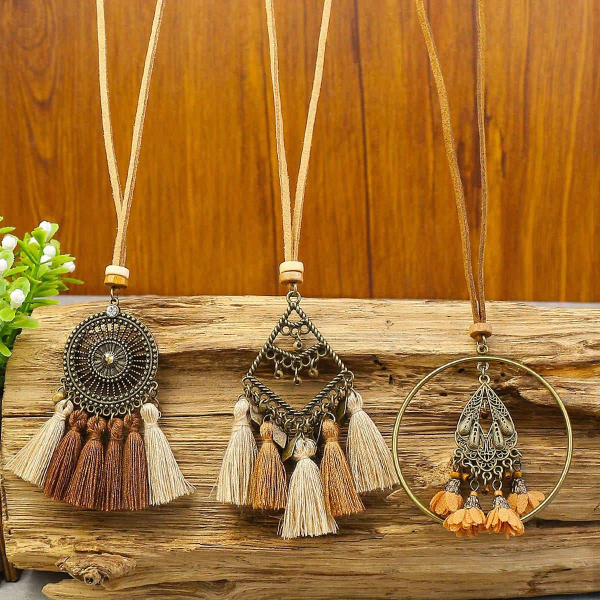 3pcs Ethnic Style Women's Fashion Pendant Necklace Set with Floral Tassel Pendant, Bronze Enamel Drip Zinc Alloy with Glass Rhinestone Inlay, Vintage Necklace