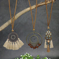 3pcs Ethnic Style Women's Fashion Pendant Necklace Set with Floral Tassel Pendant, Bronze Enamel Drip Zinc Alloy with Glass Rhinestone Inlay, Vintage Necklace