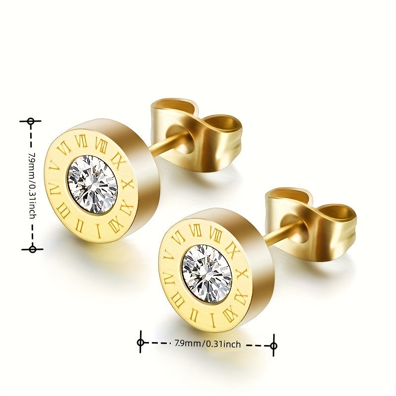 [1 Pair Roman Numeral Earrings] Stainless Steel Roman Numeral Earrings for Women - 1 Pair Fashion Synthetic Zirconia Valentine's Day Gift