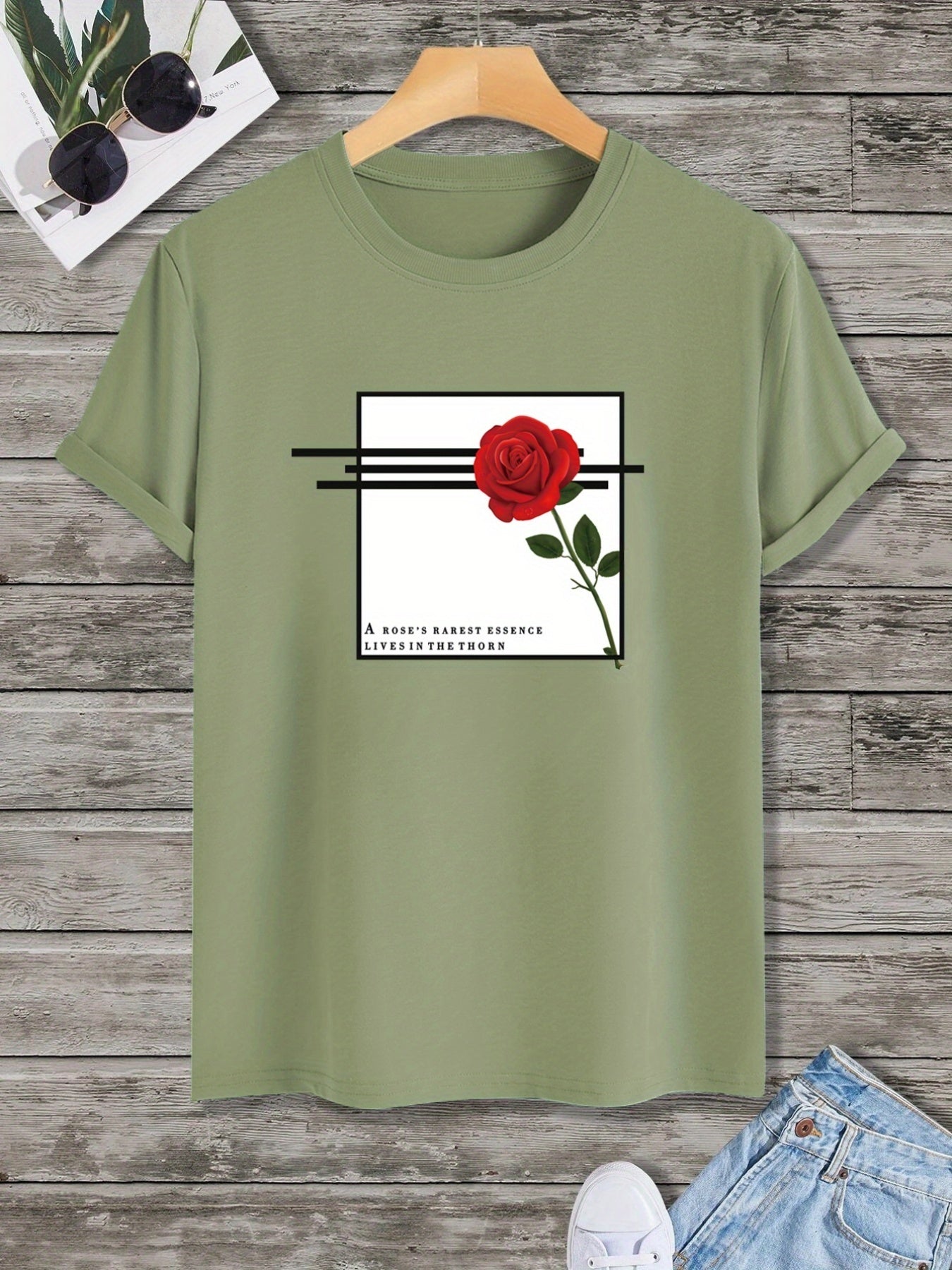 Men's Letter And Rose Graphic Crew Neck T-Shirts, Casual Sport Tees For Spring Summer