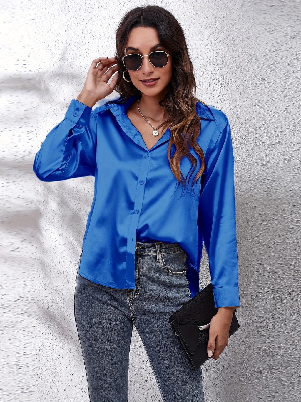 Hot Style In-Kind Shooting Satin Shirt Women'S Satin Imitation Long-Sleeved Shirt New European And American Cross-Border Women'S Clothing