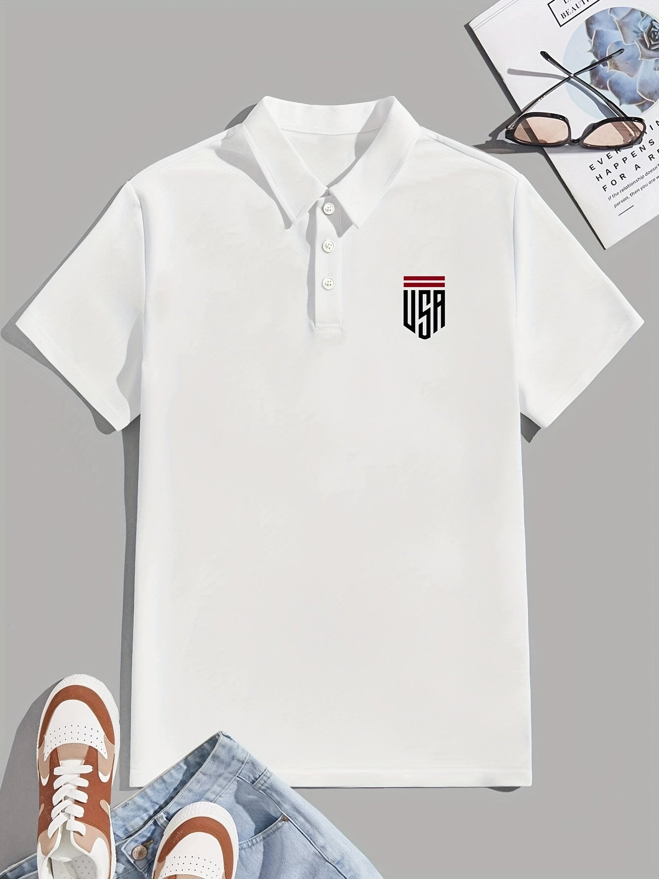 Plus Size Men's Polo Shirts, Small USA Pattern Casual Regular Fit Tops For Both Formal Informal Occasions Business Trip, Men's Clothes