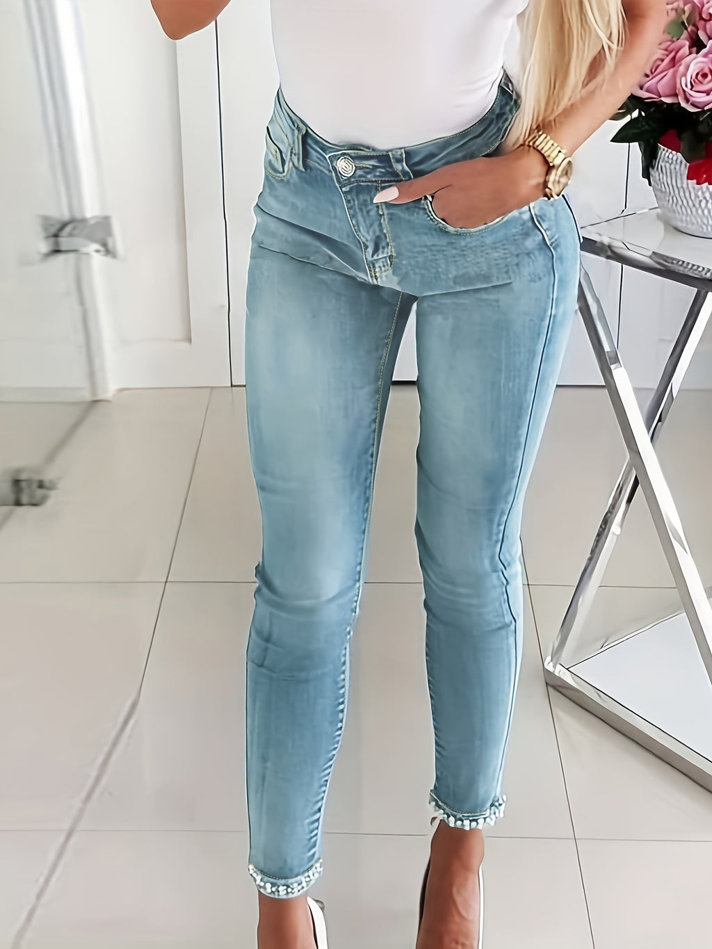 Blaue High-Stretch Skinny Jeans, Hose aus Denim mit Faux-Perlen-Dekor und schmaler Passform, Damen-Jeans & Bekleidung