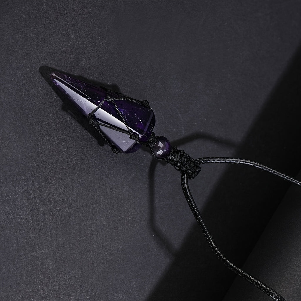 Natural Amethyst Crystal Hexagonal Cone Pendant - Stylish Men's Necklace with Braided Rope - Fashion Accessory