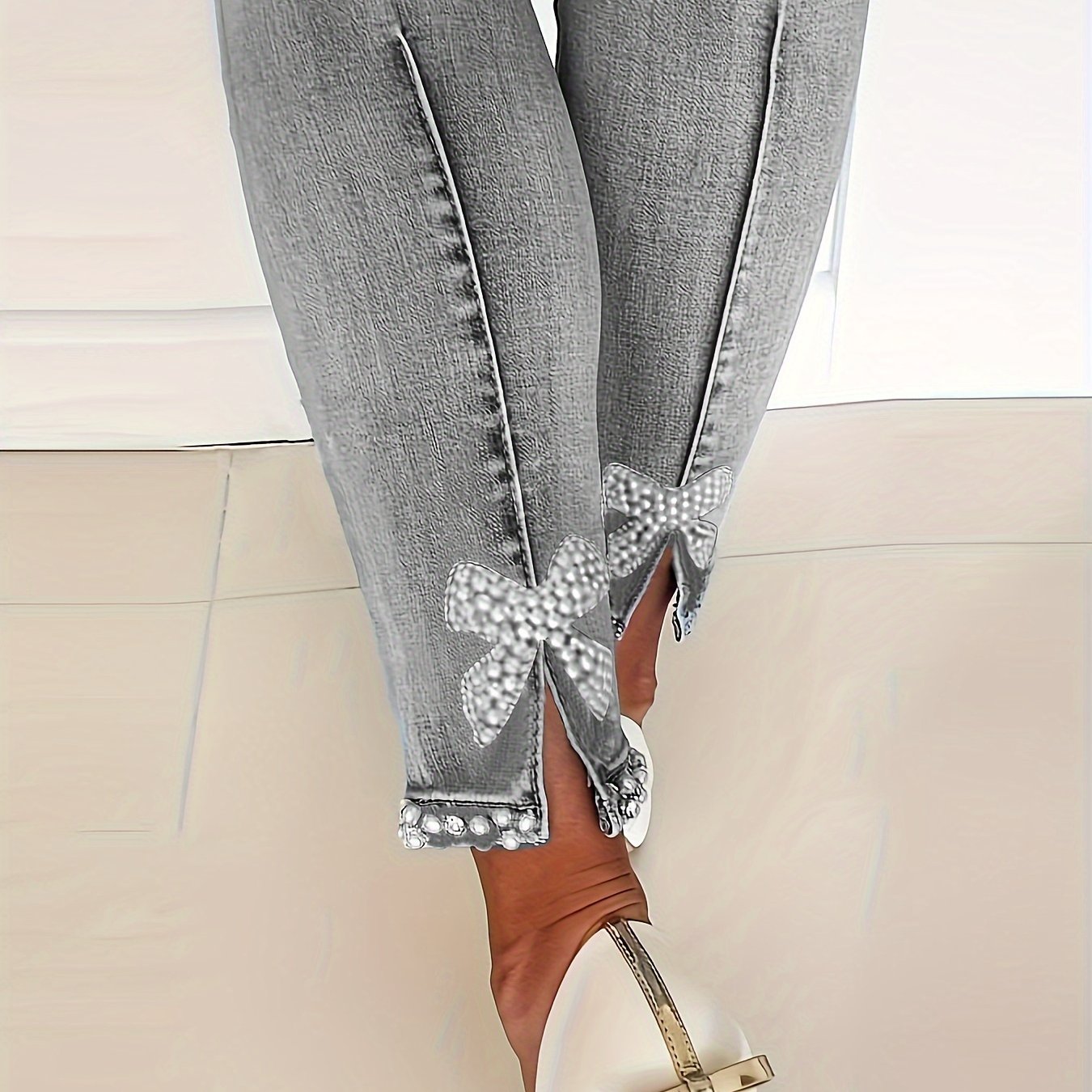 Blue High-Stretch Skinny Jeans, Faux Pearl Decor Slim Fit Split Denim Pants, Women's Denim Jeans & Clothing