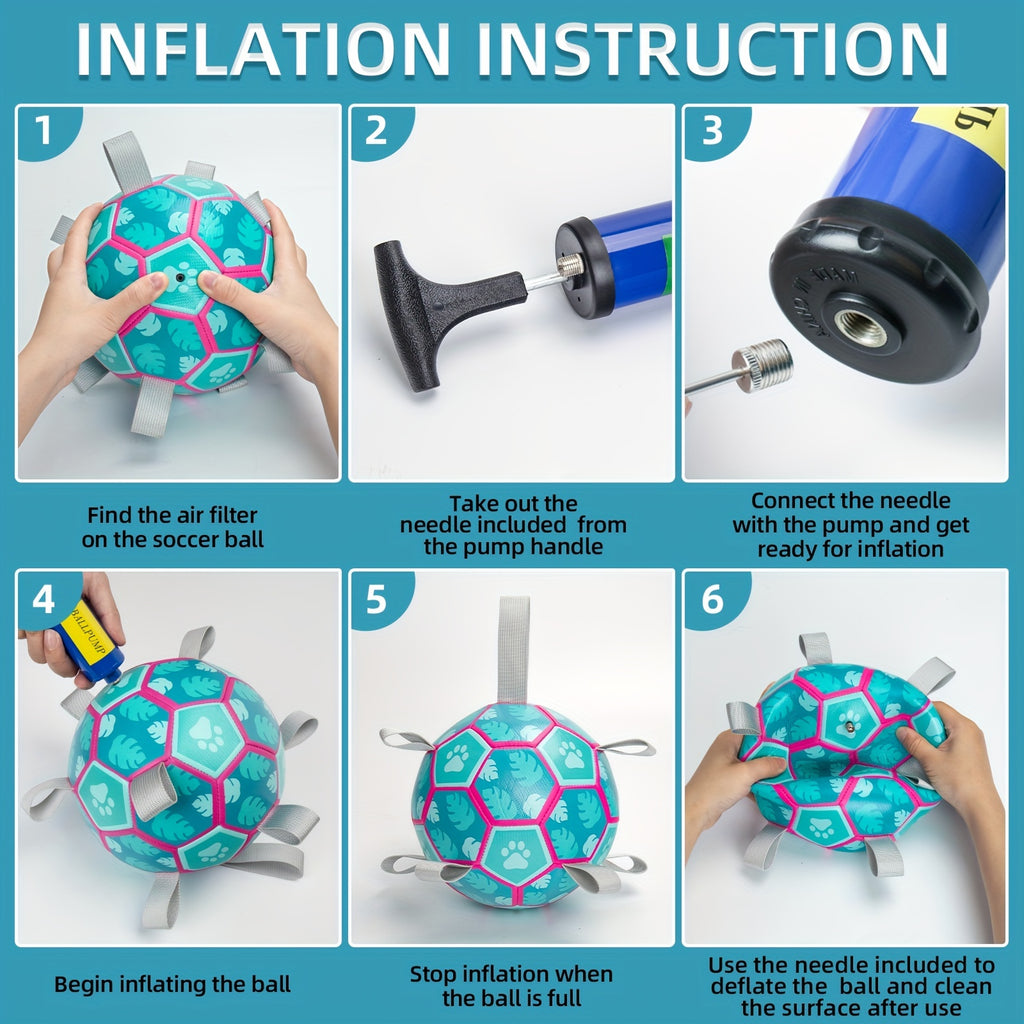 [Interactive Football Dog Toys] Durable Lake Blue Dog Toys Soccer Balls with Straps | Interactive Football for Tug of War | Indoor/Outdoor Puppy Toy for Small/Medium Breed