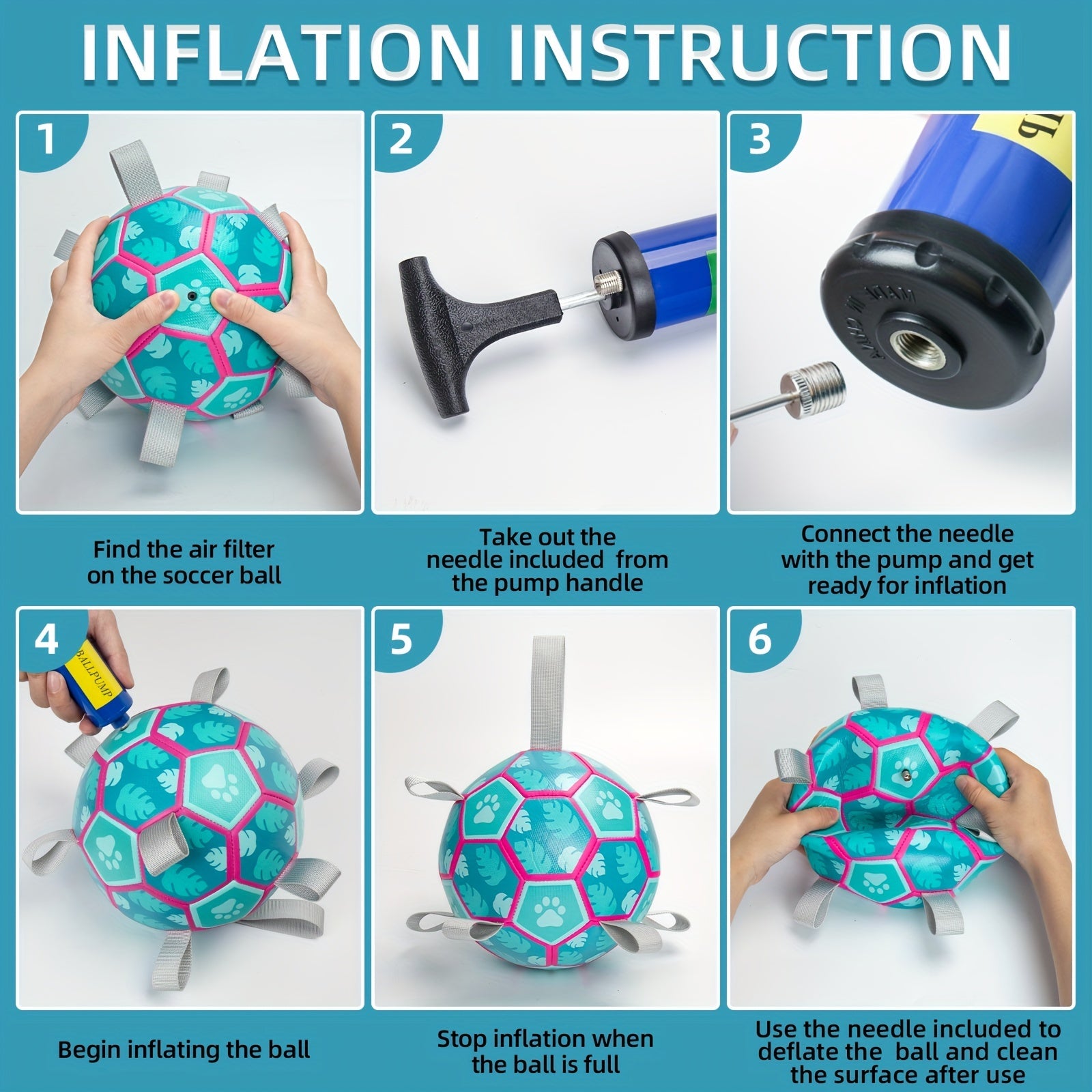 [Interactive Football Dog Toys] Durable Lake Blue Dog Toys Soccer Balls with Straps | Interactive Football for Tug of War | Indoor/Outdoor Puppy Toy for Small/Medium Breed