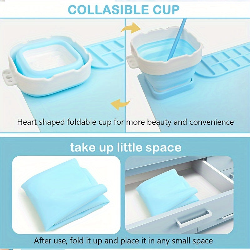 [Non-Stick Craft Mat] Non-Stick 19.6x15.7 Inch Silicone Craft Mat with Collapsible Cup | Large Sky Blue Art Mat, Foldable High Quality Design, Measurement Markings & Multi-Well Palette for Painting, Sculpting, Resin & Hot Glu