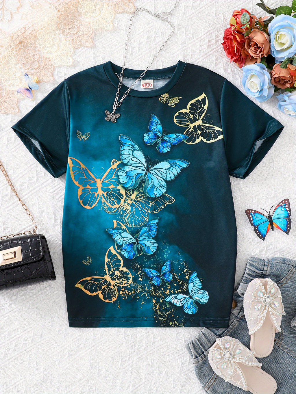 Teen Girls Butterfly Graphic T-Shirts - Soft Slight Stretch Polyester Crew Neck Short Sleeve Casual Tees for Summer - Machine Washable, No Dry Clean, Regular Fit, No Chest Pad, Conventional Contour