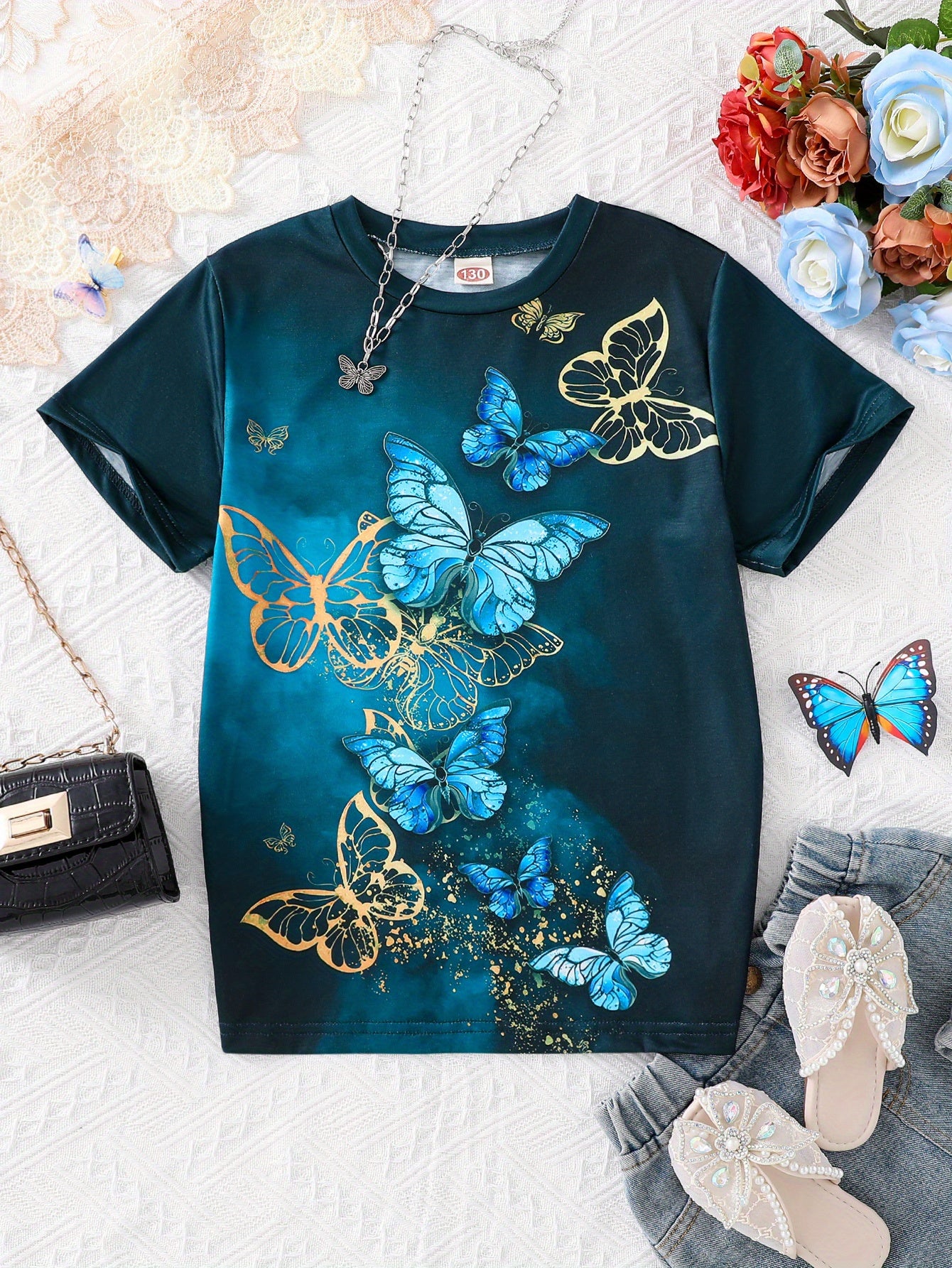 Teen Girls Butterfly Graphic T-Shirts - Soft Slight Stretch Polyester Crew Neck Short Sleeve Casual Tees for Summer - Machine Washable, No Dry Clean, Regular Fit, No Chest Pad, Conventional Contour