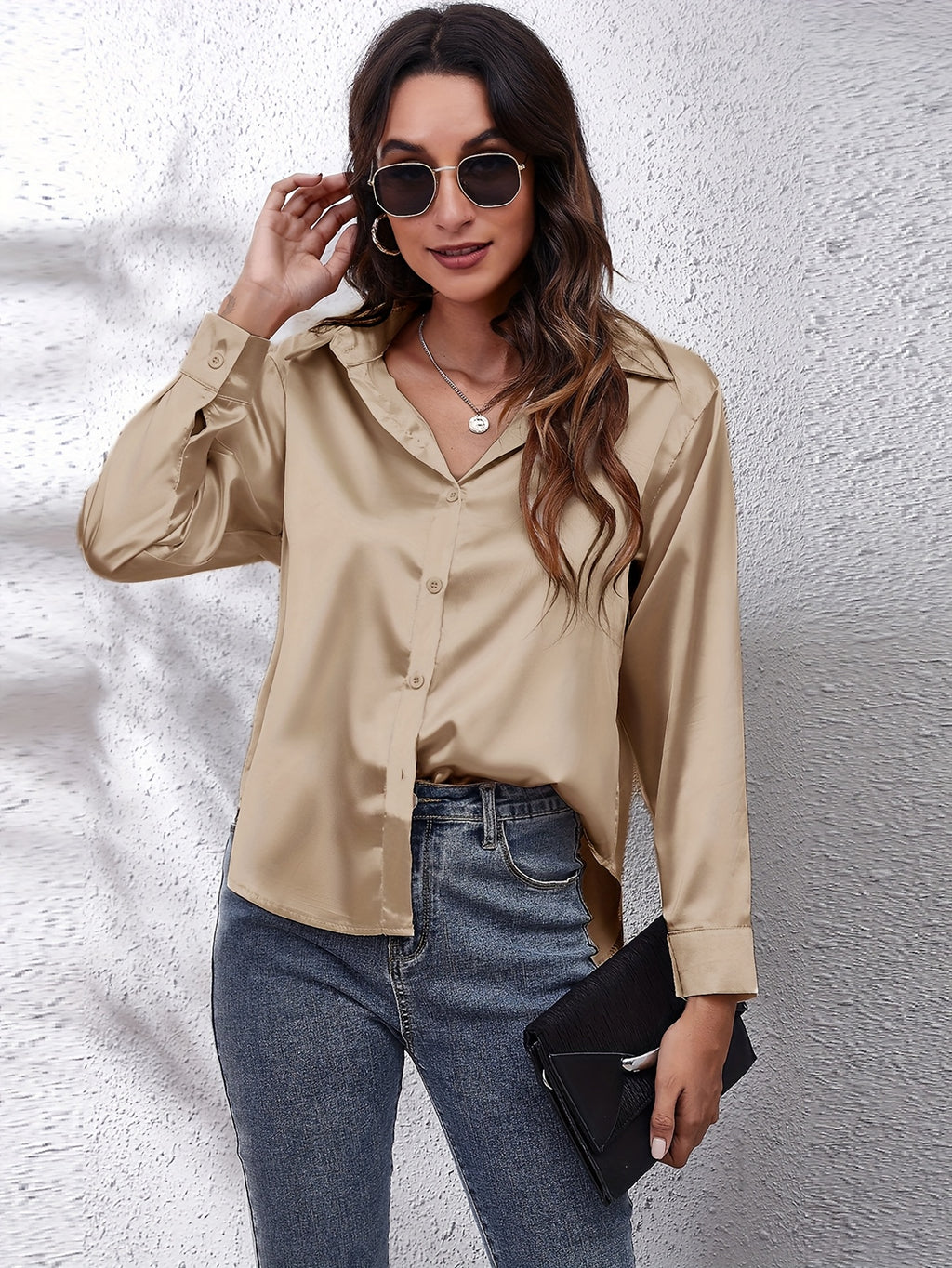 Hot Style In-Kind Shooting Satin Shirt Women'S Satin Imitation Long-Sleeved Shirt New European And American Cross-Border Women'S Clothing
