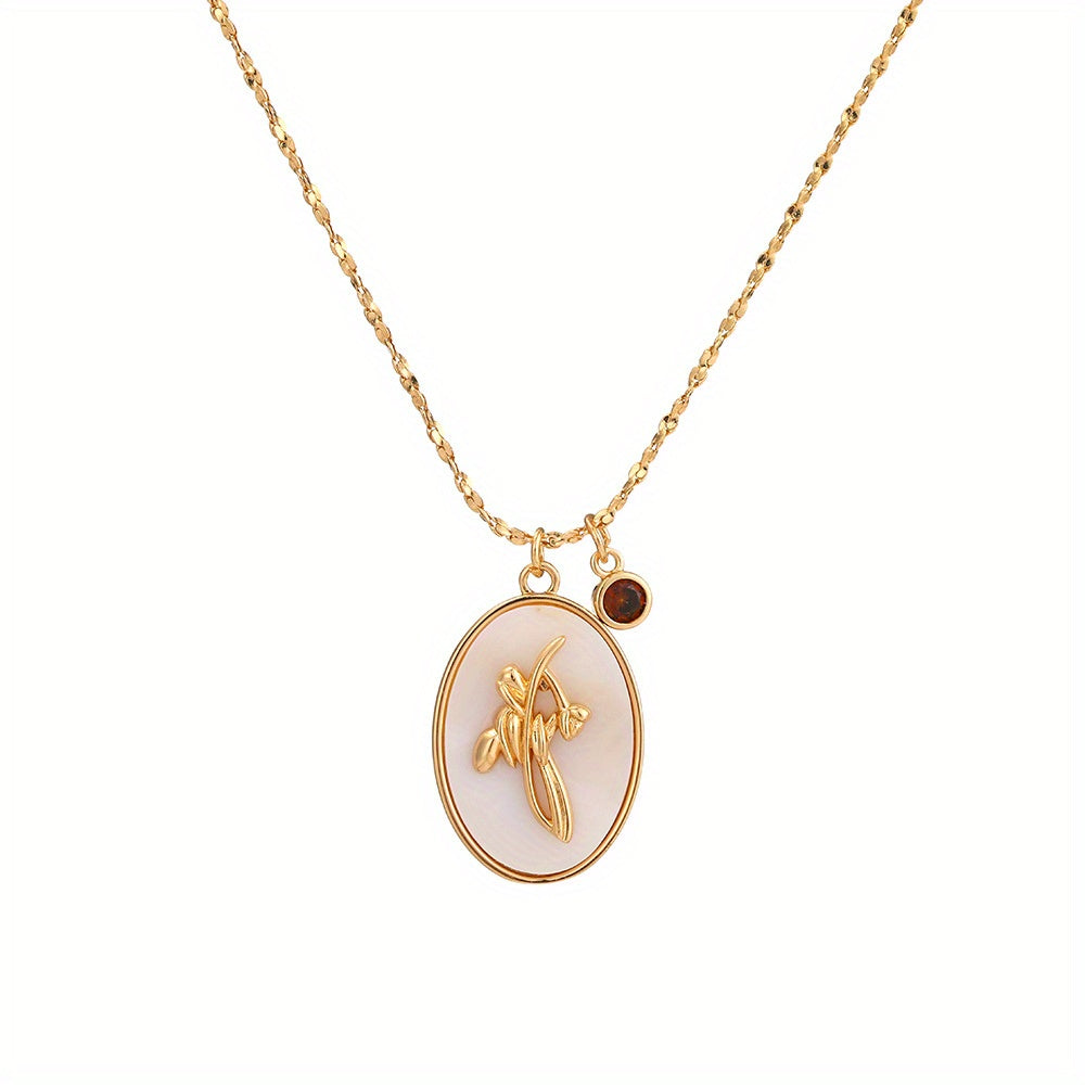 A Three-Dimensional Oval-Shaped Pendant Necklace Made of Golden with a Birthstone And White Mother-Of-Pearl, Featuring a December Flower Design