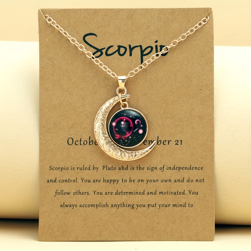 Glow-in-the-Dark Zodiac Necklace with Vintage Moon Pendant - Stylish Aquarius/Sagittarius/Leo/Leprechaun/Night & Sun Signs, Colorful Glass Charms, Zinc Alloy, Perfect Gift for Men