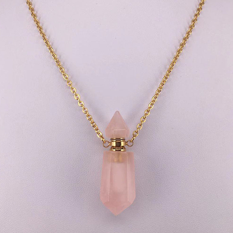 Natural Gems Stone Faceted Prism Perfume Bottle Pendants With Stainless Steel Chain Necklace Christmas Gift