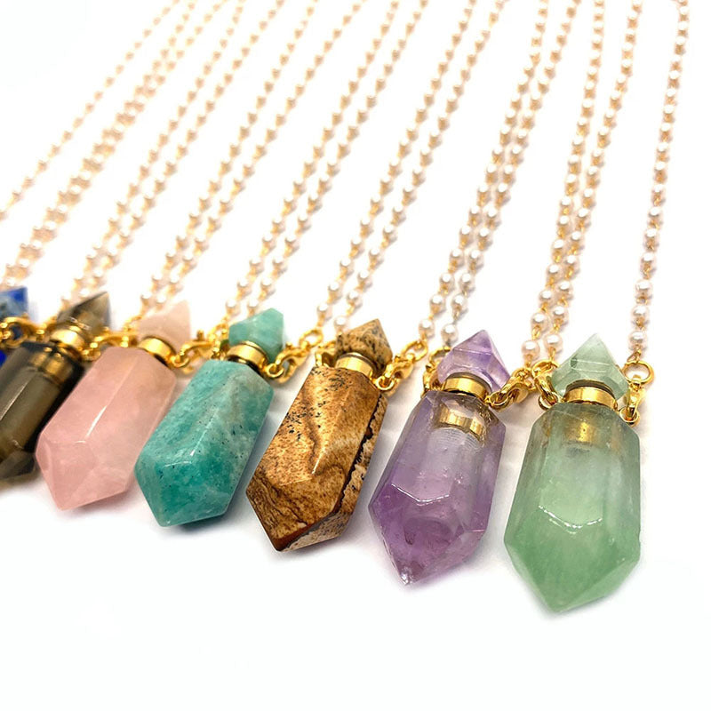 Natural Gems Stone Faceted Prism Perfume Bottle Pendants With Stainless Steel Chain Necklace Christmas Gift