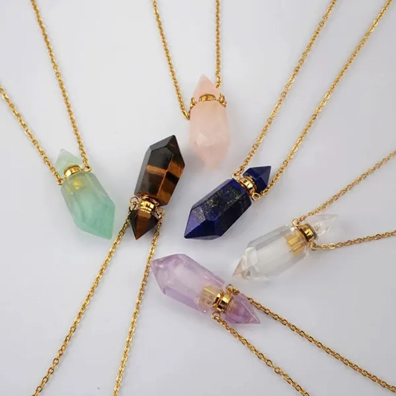 Natural Gems Stone Faceted Prism Perfume Bottle Pendants With Stainless Steel Chain Necklace Christmas Gift