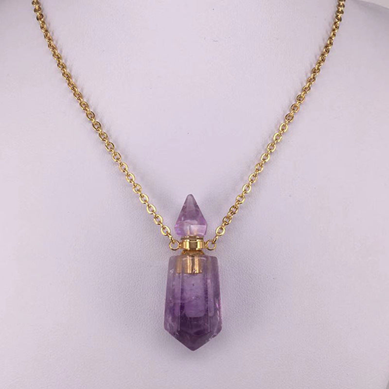 Natural Gems Stone Faceted Prism Perfume Bottle Pendants With Stainless Steel Chain Necklace Christmas Gift