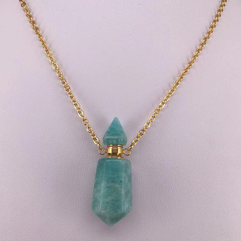 Natural Gems Stone Faceted Prism Perfume Bottle Pendants With Stainless Steel Chain Necklace Christmas Gift
