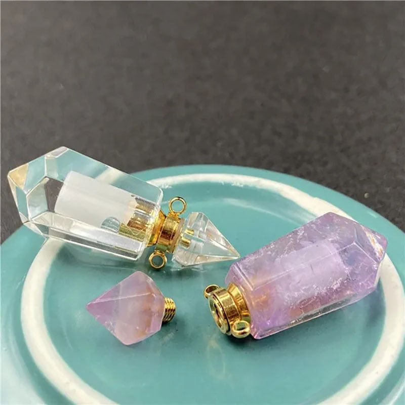 Natural Gems Stone Faceted Prism Perfume Bottle Pendants With Stainless Steel Chain Necklace Christmas Gift