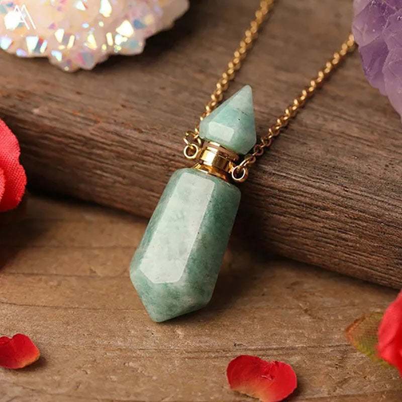 Natural Gems Stone Faceted Prism Perfume Bottle Pendants With Stainless Steel Chain Necklace Christmas Gift