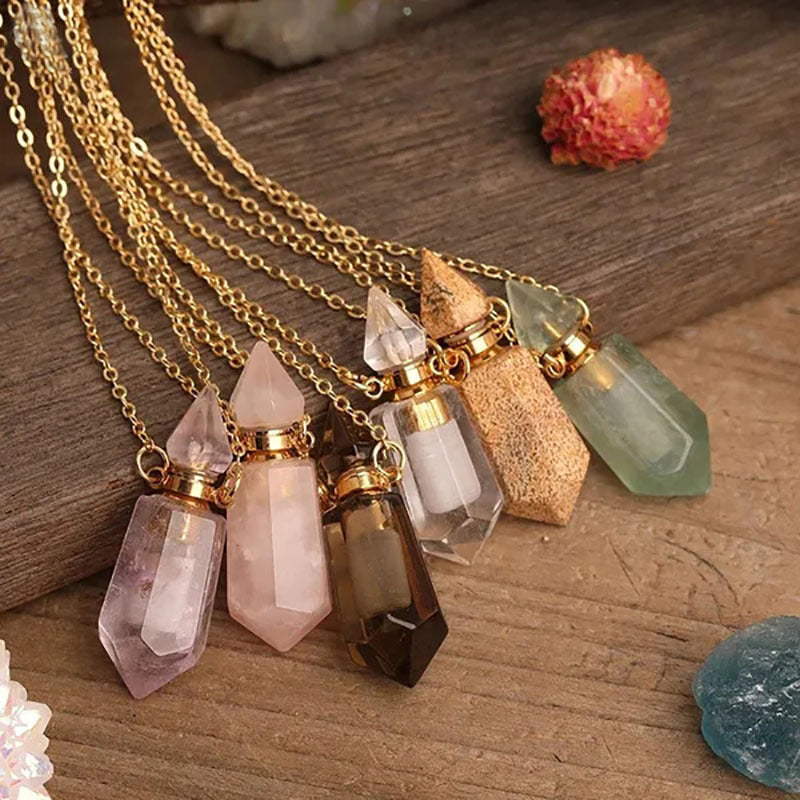 Natural Gems Stone Faceted Prism Perfume Bottle Pendants With Stainless Steel Chain Necklace Christmas Gift