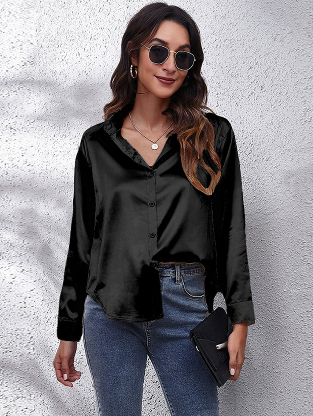 Hot Style In-Kind Shooting Satin Shirt Women'S Satin Imitation Long-Sleeved Shirt New European And American Cross-Border Women'S Clothing