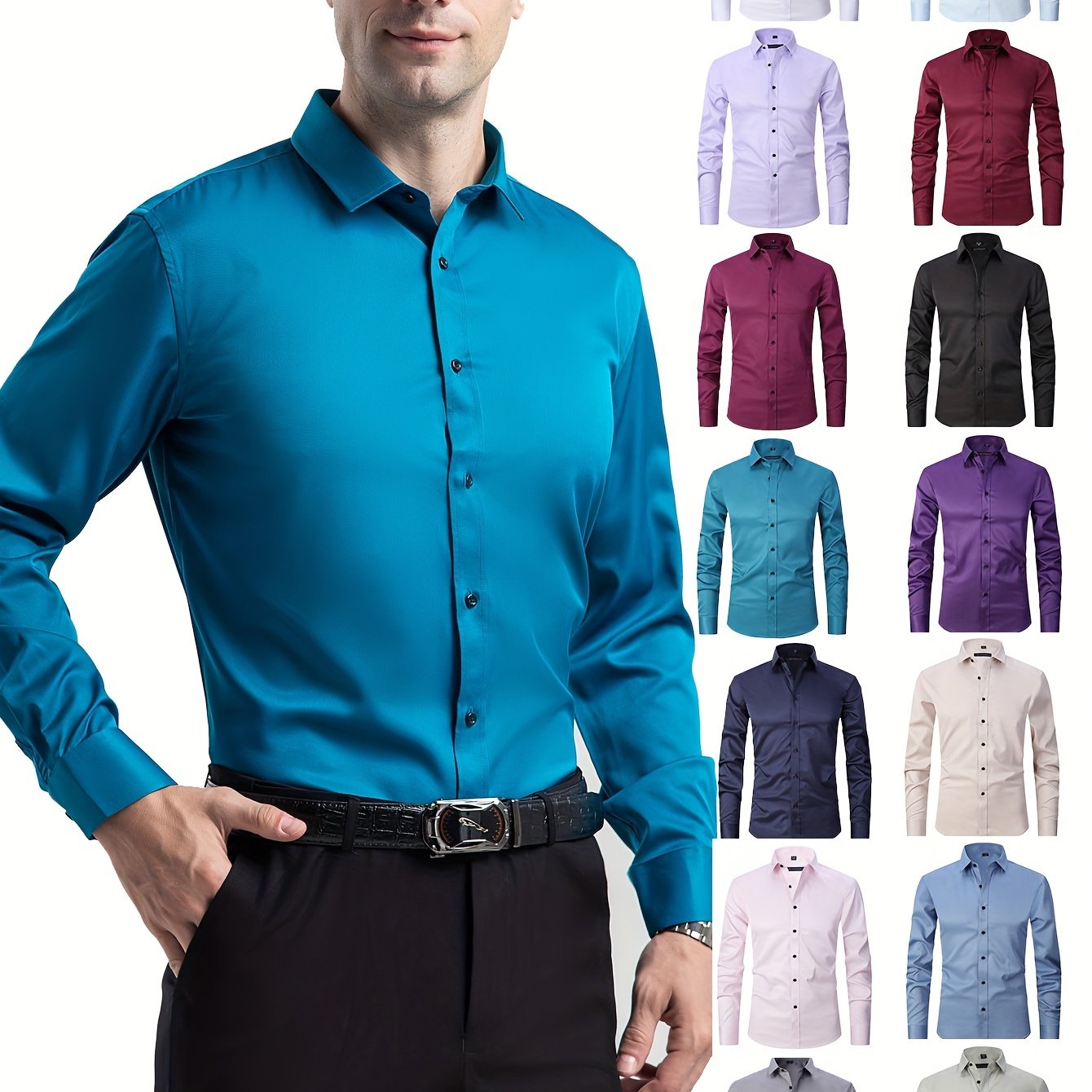 Men'S Stretch Slim-Fit Formal Shirt Without Pockets, Light Business Turn- Collar Long-Sleeved Shirt, Men'S Business Shirt, Wrinkle-Resistant And Durable Solid Color Formal Long-Sleeved Shirt with Buttons And Pockets, Suitable