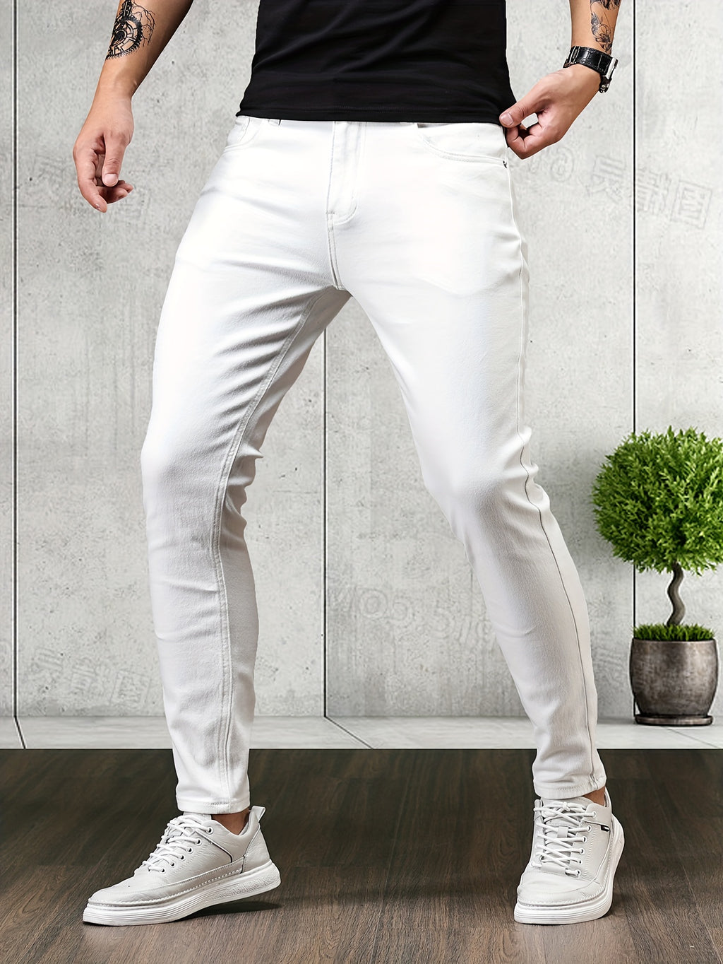 Mid Stretch Slim Fit Jeans, Men's Casual Street Style Contrast Stitching Denim Pants For Spring Summer