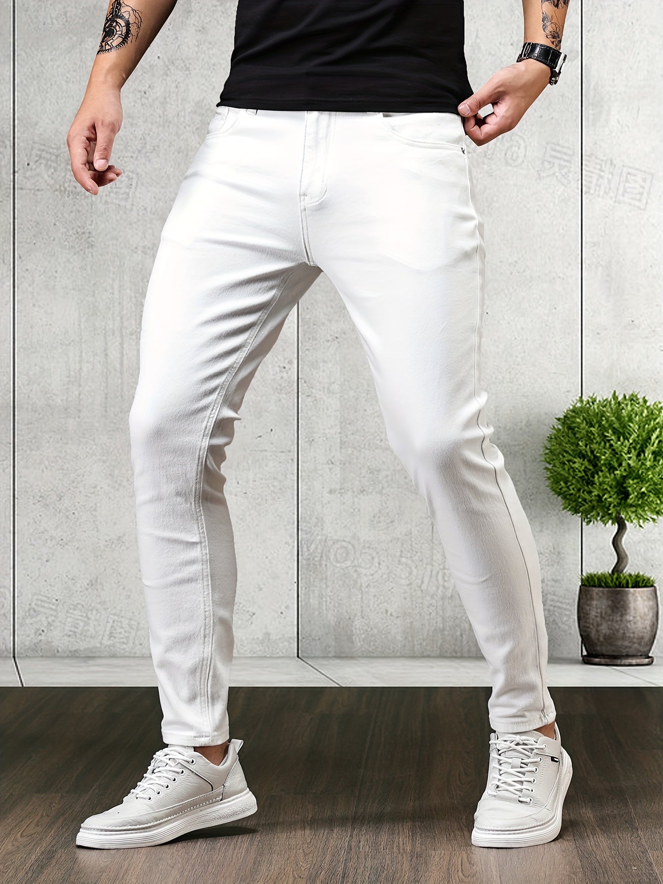 Mid Stretch Slim Fit Jeans, Men's Casual Street Style Contrast Stitching Denim Pants For Spring Summer